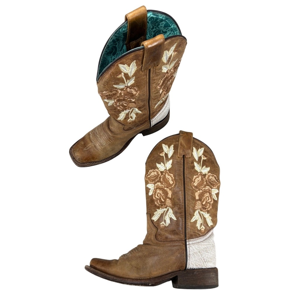 Corral Honey Floral Western Boots Tan Leather Embroidered Square Toe Cowboy Sz 7